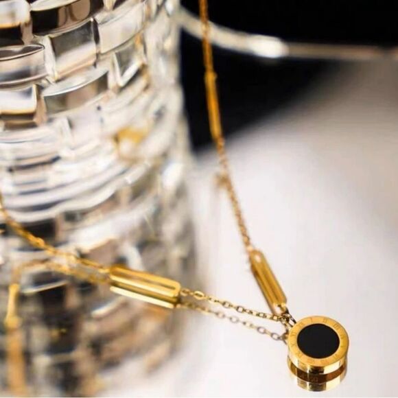 Gold Plated Stainless Steel Round Double Sided Pendant Necklace - Picture 3 of 4